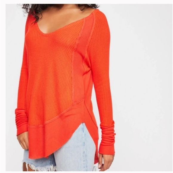 Free People Catalina Orange Waffle Knit Top M - Picture 1 of 13